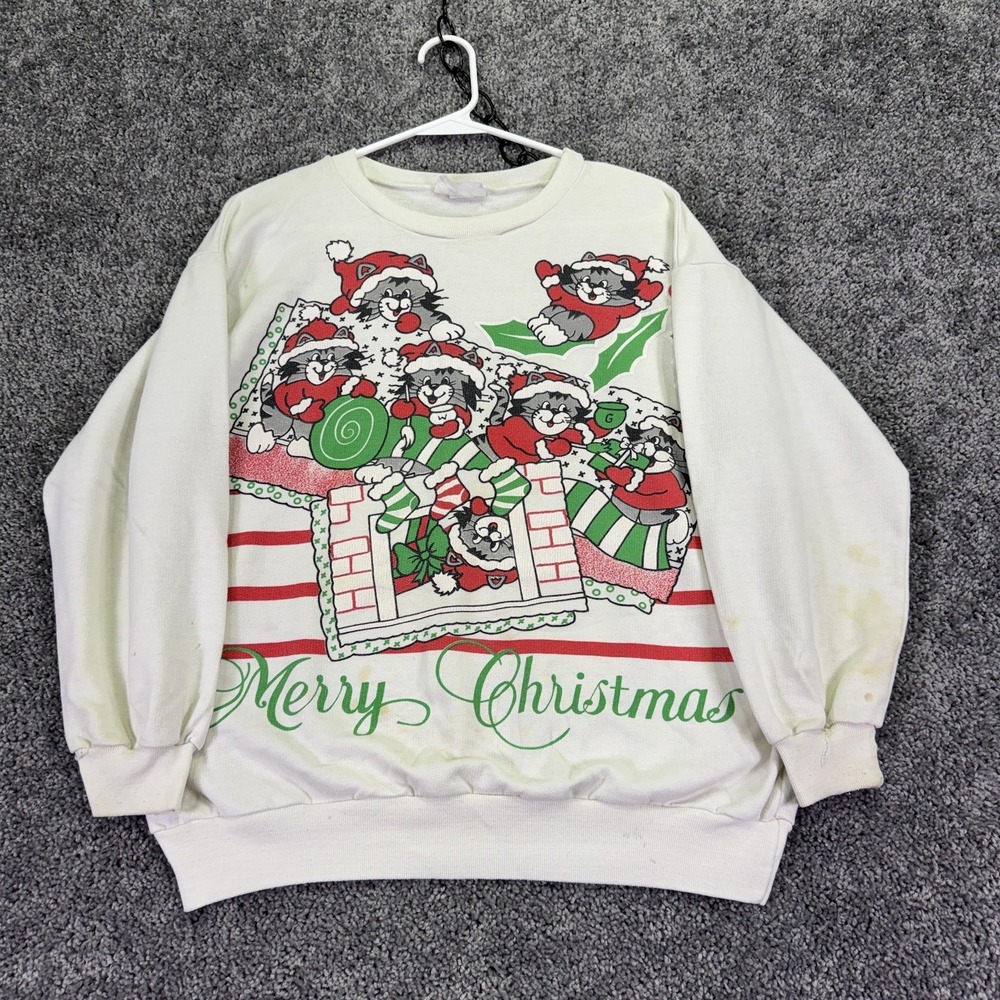 Vintage So What Sweatshirt Womens One Size White Merry Christmas Cats Graphic